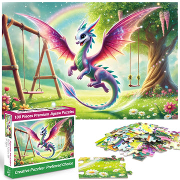 100 Piece Puzzles Raibow Dinosaur Puzzle for Kids Ages 4-8 8-10, 100 Piece Jigsaw Puzzle for Adults Toddler Children Learning Ed