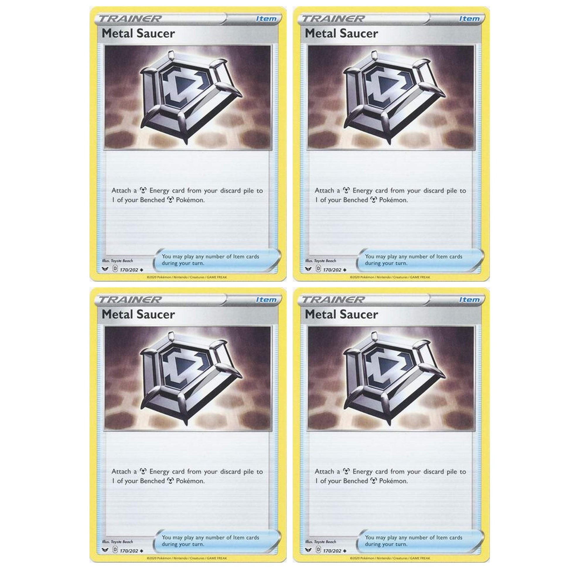 Pokemon Card - Metal Saucer - decorative replica blade and Shield Base - x4 Card Lot Playset - 170/202 Uncommon