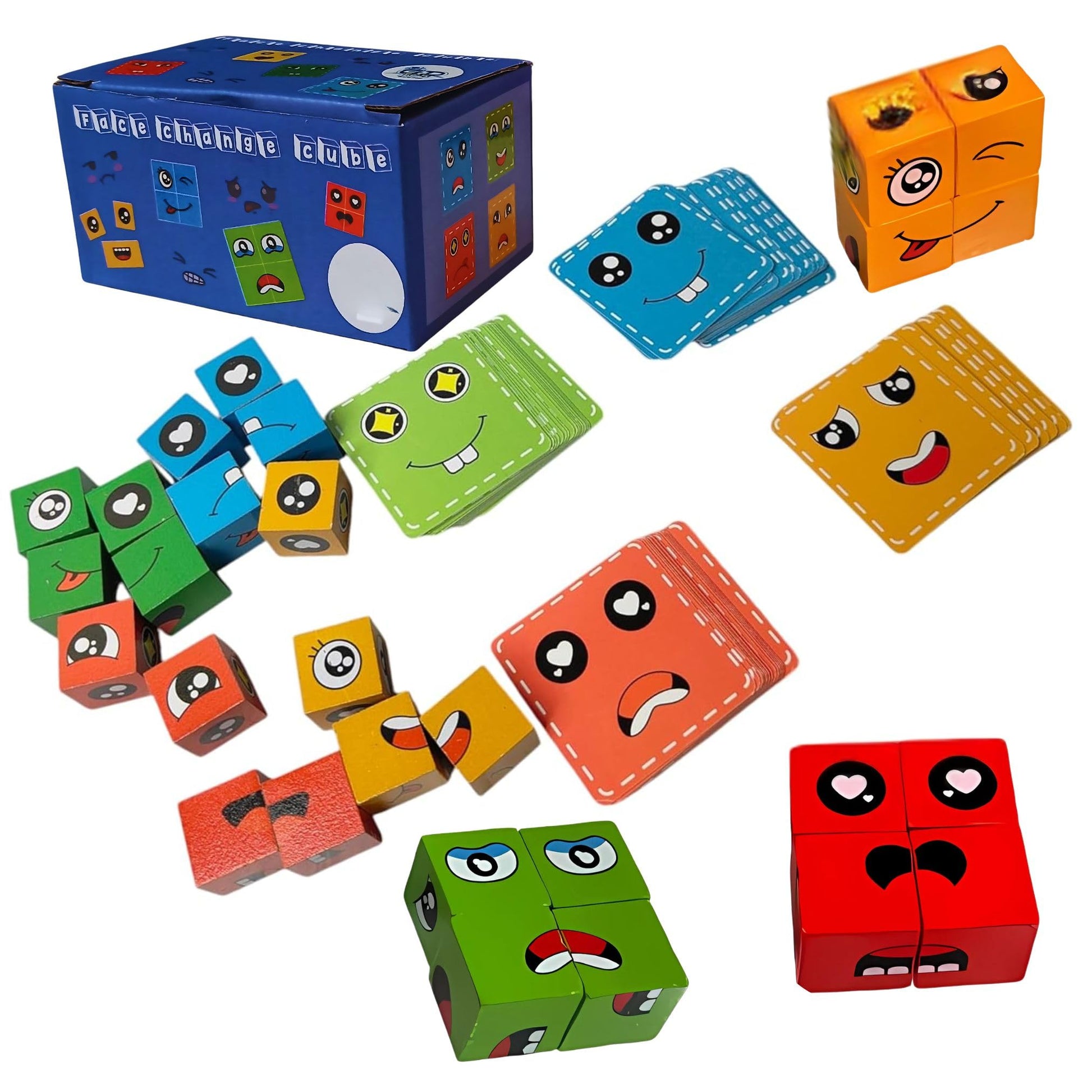 Birthday Popper Wooden Emoji Cubes Face Change Puzzle Game | Expressions Matching Block Sorting Toy With Challenge Cards | Memor