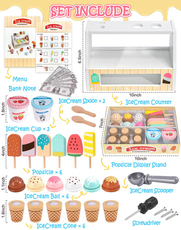 Toyssa Wooden Ice Cream Toys Kids Pretend Play Store Toys for Toddlers Girls 3 4 5 6, Wooden Food Christmas Birthday Gifts Play