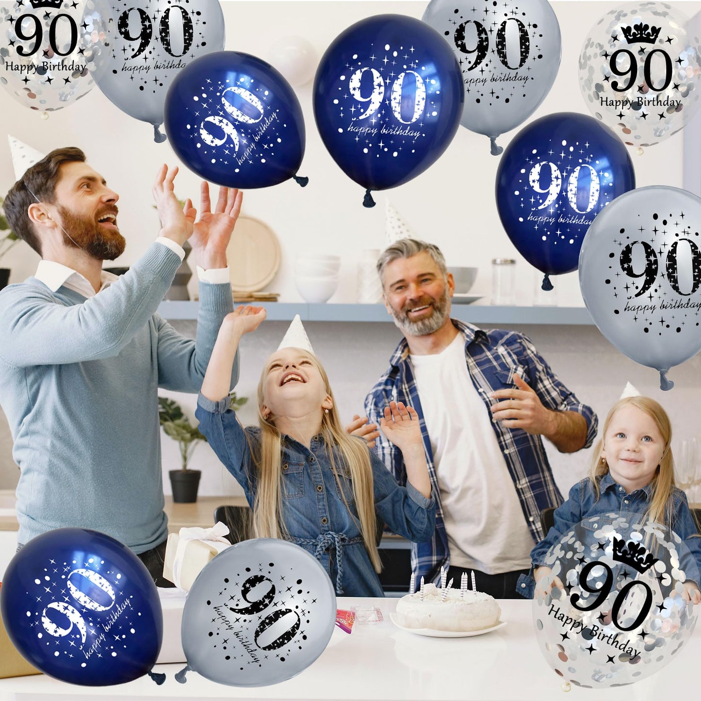UniBirthLon 18pcs Birthday Balloons Set - Navy Blue & Silver, Rubber, 90th Birthday Decorations with Confetti for Men & Women