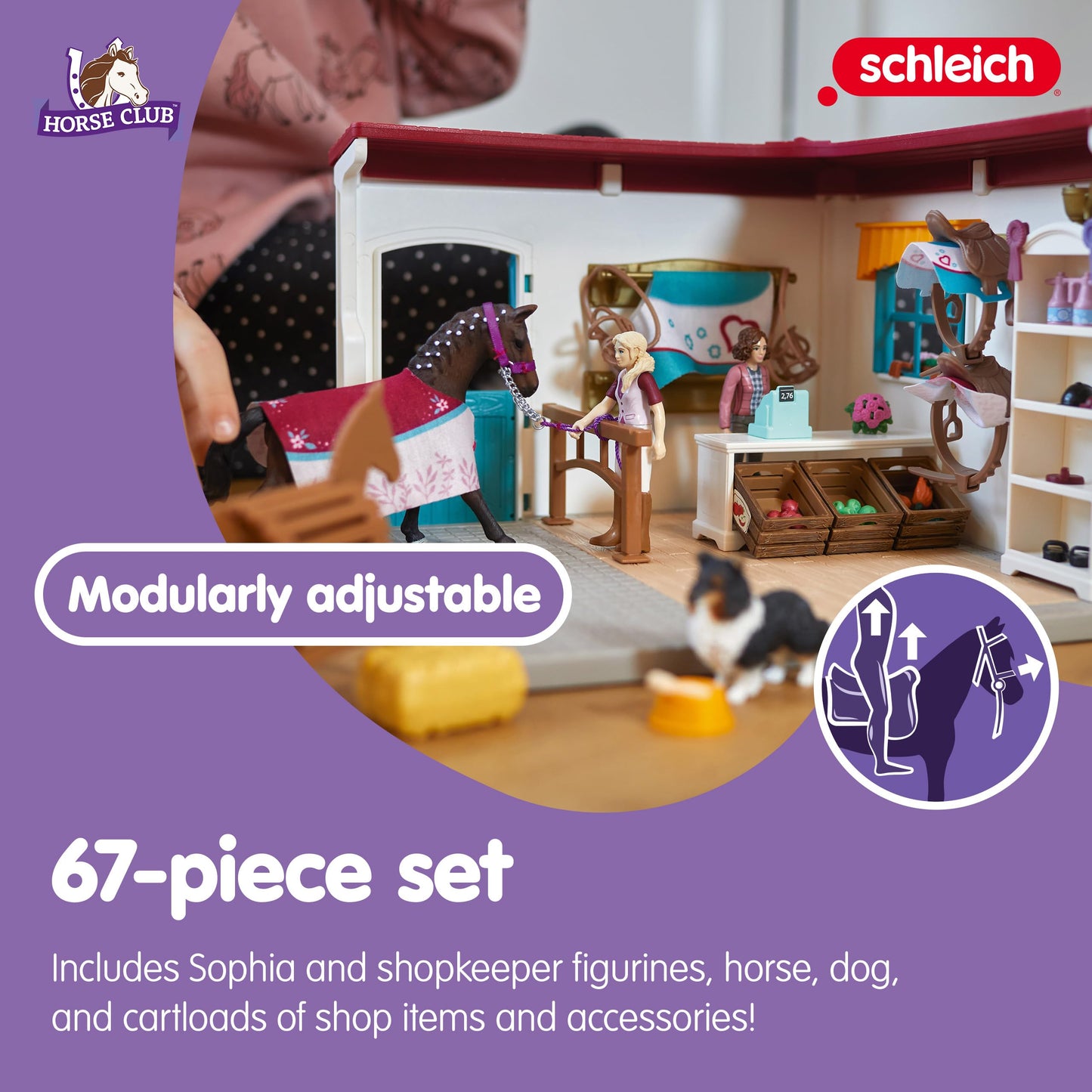 Schleich Horse Club - 67 PC Tack Room Stable Toy Playset with Room, Horse Figurine, 2 Poseable Action Figures and Accessories fo