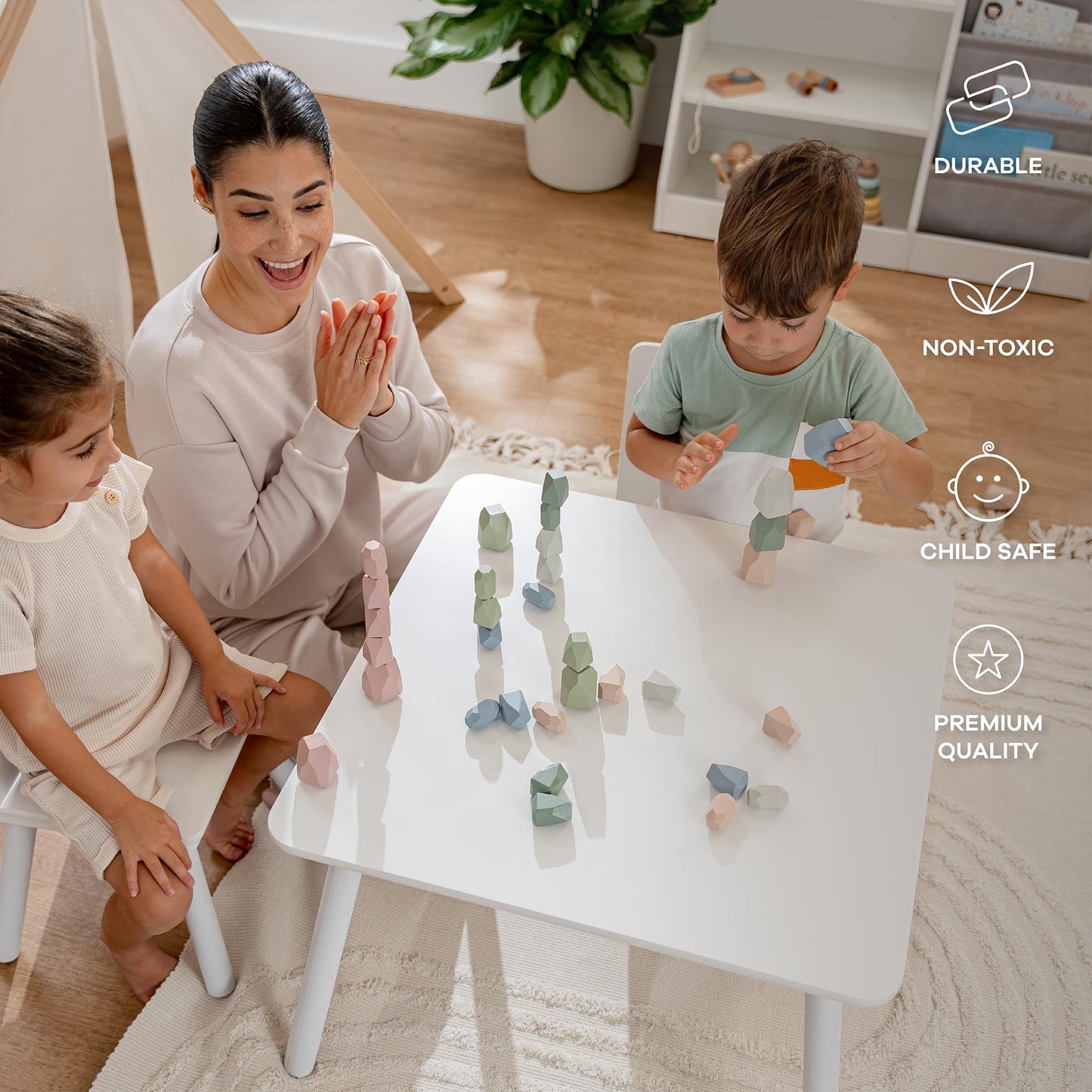 Comfy Cubs Stacking Rocks 36 Pieces, 36 Months+, Educational Toddler Stacking Blocks, Promotes Imagination, Balance & Fine Motor Skills - Wooden Rocks Sensory Toys Gift For Kid, Neutral Pack