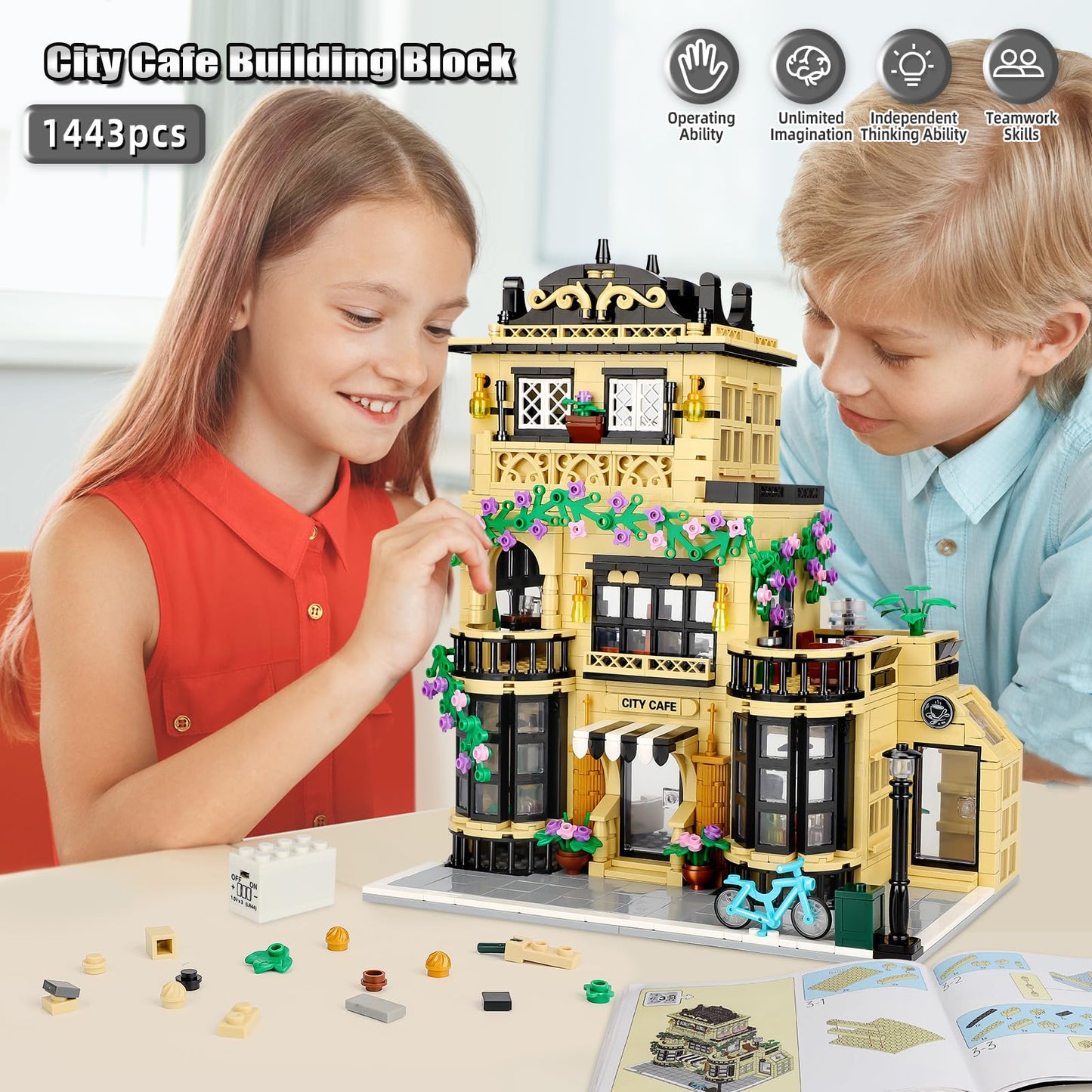 City Coffee Shop Building Blocks Set  Compatible with Lego  Modular Architecture Three-Story House Building Blocks for mature-themed (1443pcs)