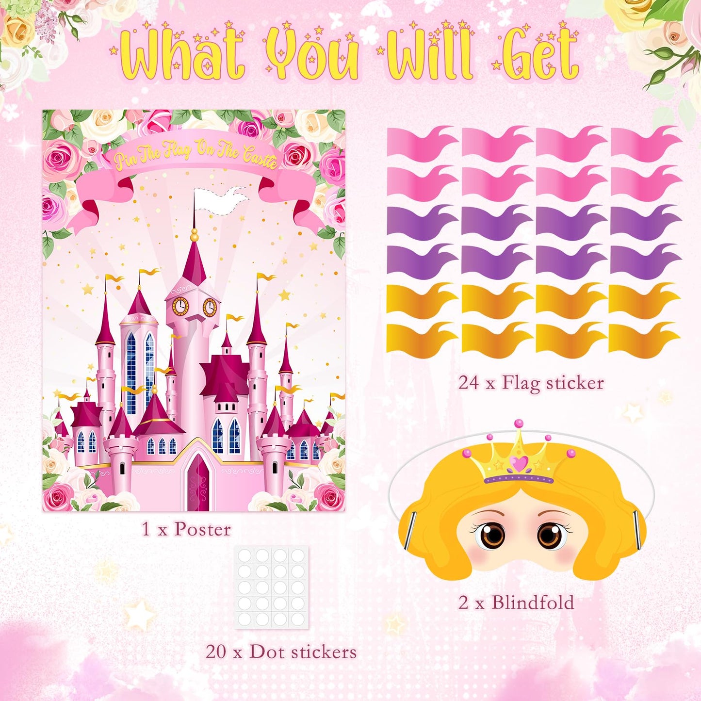 Faccito Princess Party Games Pin The Flag on The Castle Birthday Pin Games Set Include Pink Castle Poster 24 Flag Stickers 2 Bli