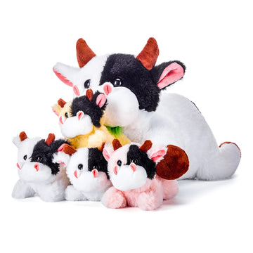 Ikasa Mommy Cow Stuffed Animal Mom And Baby Plush,Cute 17' Soft Small Fluffy Mama Family Set Cuddly Huggable Toy With Little Mini Babies