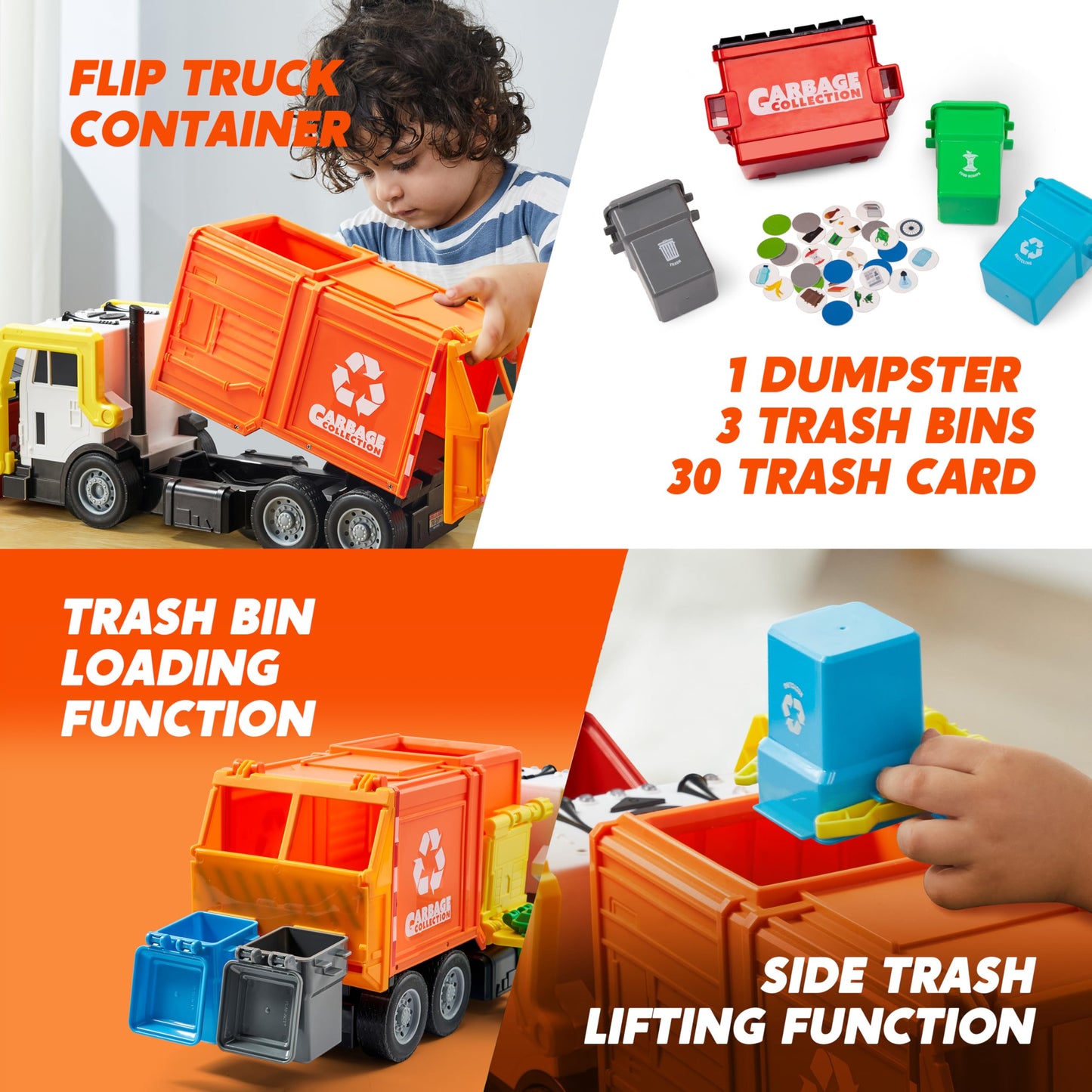 JOYIN Large Friction Powered Garbage Truck Toy Set, Includes Dumpster, Trash Bins, and Learning Cards for Kids, Orange