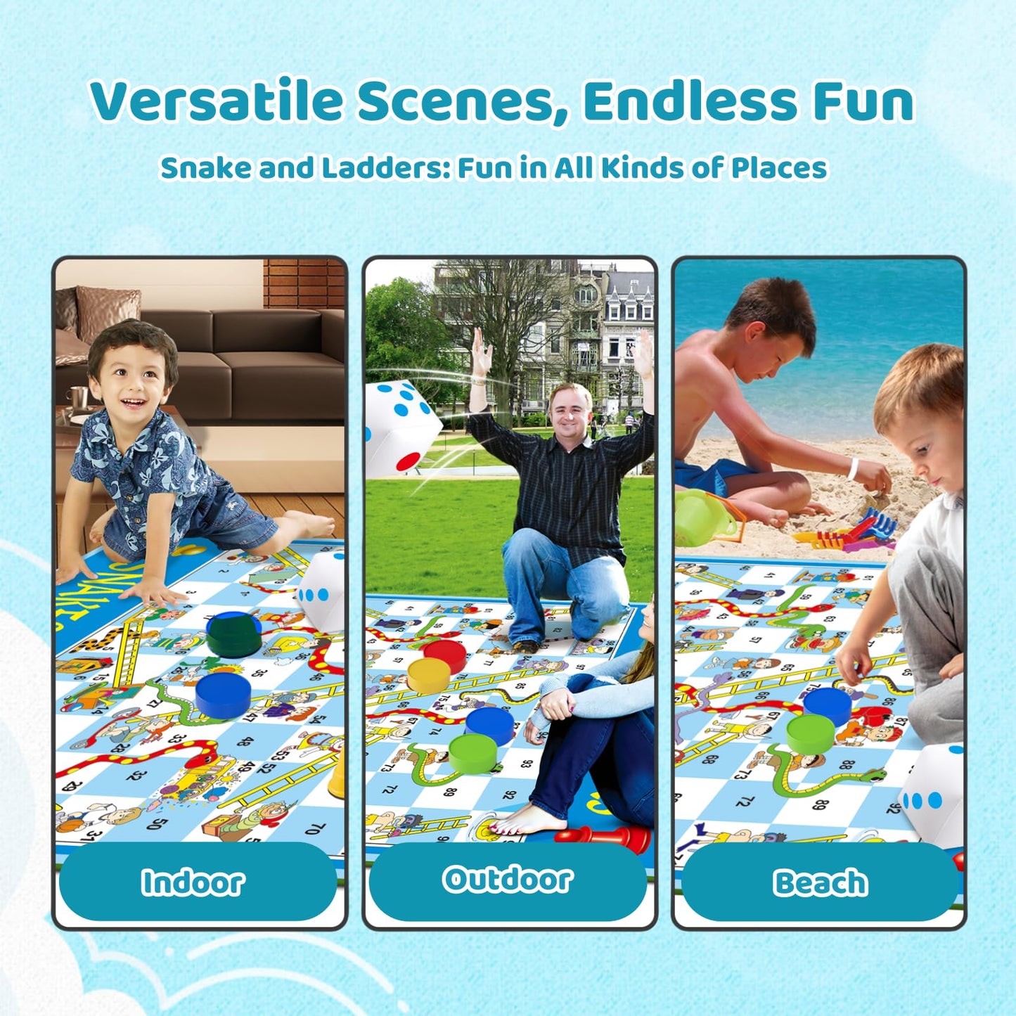 DY-GO Snakes and Ladders Board Game - Extra-Large 5.8 ft Floor Mat, Inflatable Dice, Multicolor, Indoor/Outdoor Fun for Ages 3+