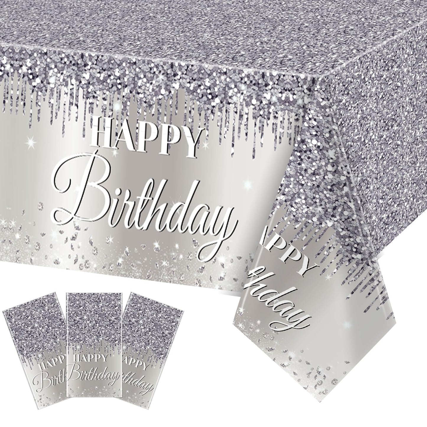 Silver Happy Birthday Party Decorations Silver Theme Table Covers Silver Glitter Birthday Party Tablecloths Supplies Diamonds Silver Party Tablecloths For Baby Shower Wedding Birthday Parties Supplies