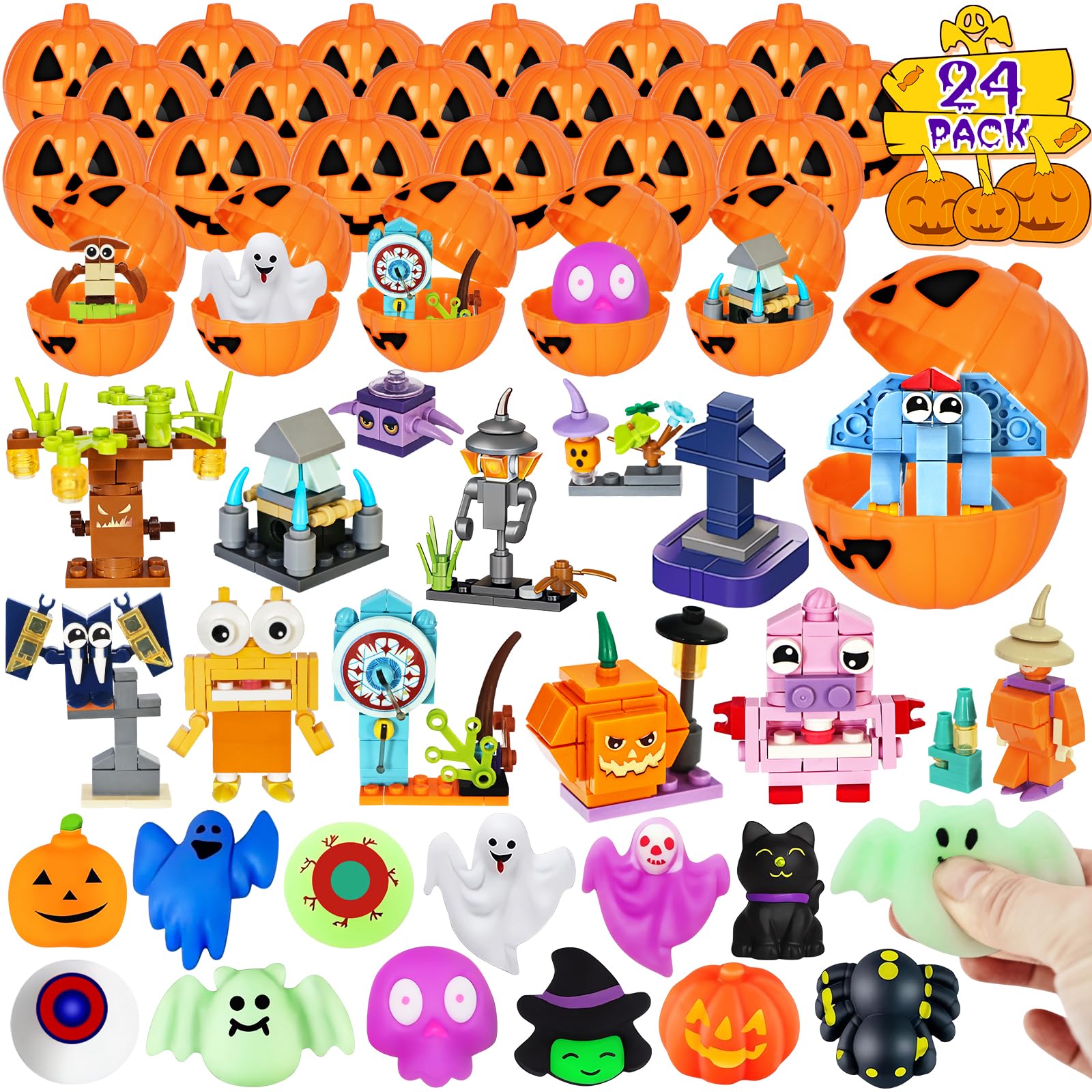 Adisher Halloween Party Favors,12Pcs Mochi Squishy 12Pcs Halloween Building Blocks and 24Pcs Pumpkin Boxes, Halloween Goodie Bag
