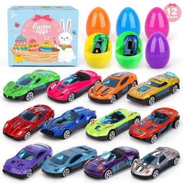 Konijiwa 12 Packs Prefilled Easter Eggs with Car Toys, Easter Basket Stuffer,Party Favors for Kids Classroom,Toys for 3+ Years O