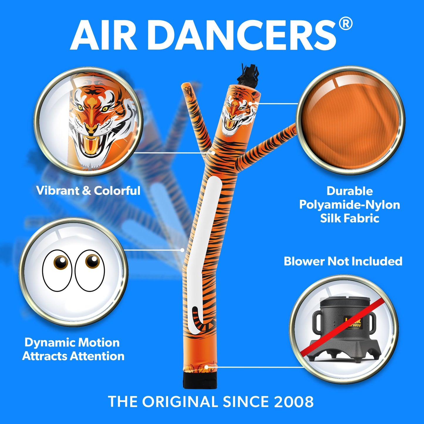 LookOurWay Air Dancers Inflatable Tube Man Attachment - 10 Feet Tall Wacky Waving Inflatable Dancing Tube Guy for Business Promotion - Blower Not Included - Mascot Character Animal Themed - Tiger