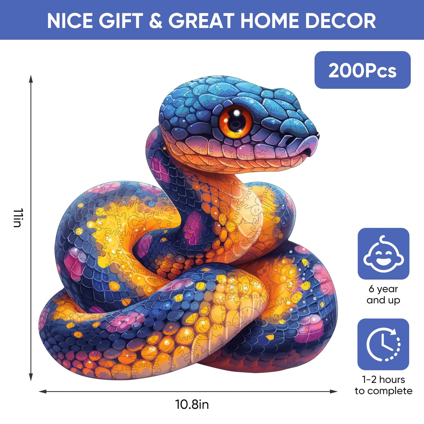 Wooden Puzzle For Adults, Snake Wooden Jigsaw Puzzles(10.8 * 11In-200Pcs), Medium,Unique Shape Adult Puzzles,Irregular Wood Puzz