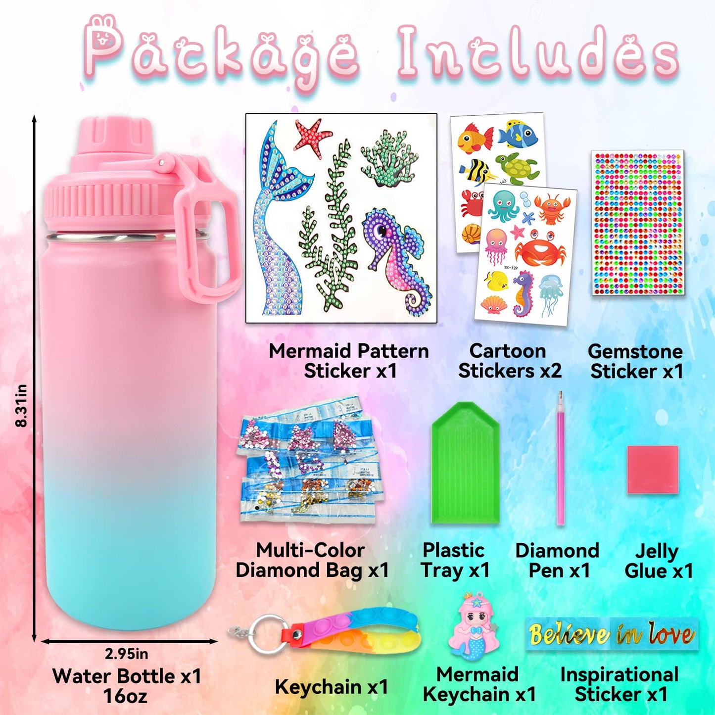 7July Decorate Your Own Water Bottle Kits For Girls Age 4-6-8-10 (Stainless Steel),Mermaid Themed Painting Crafts,Fun Arts And C