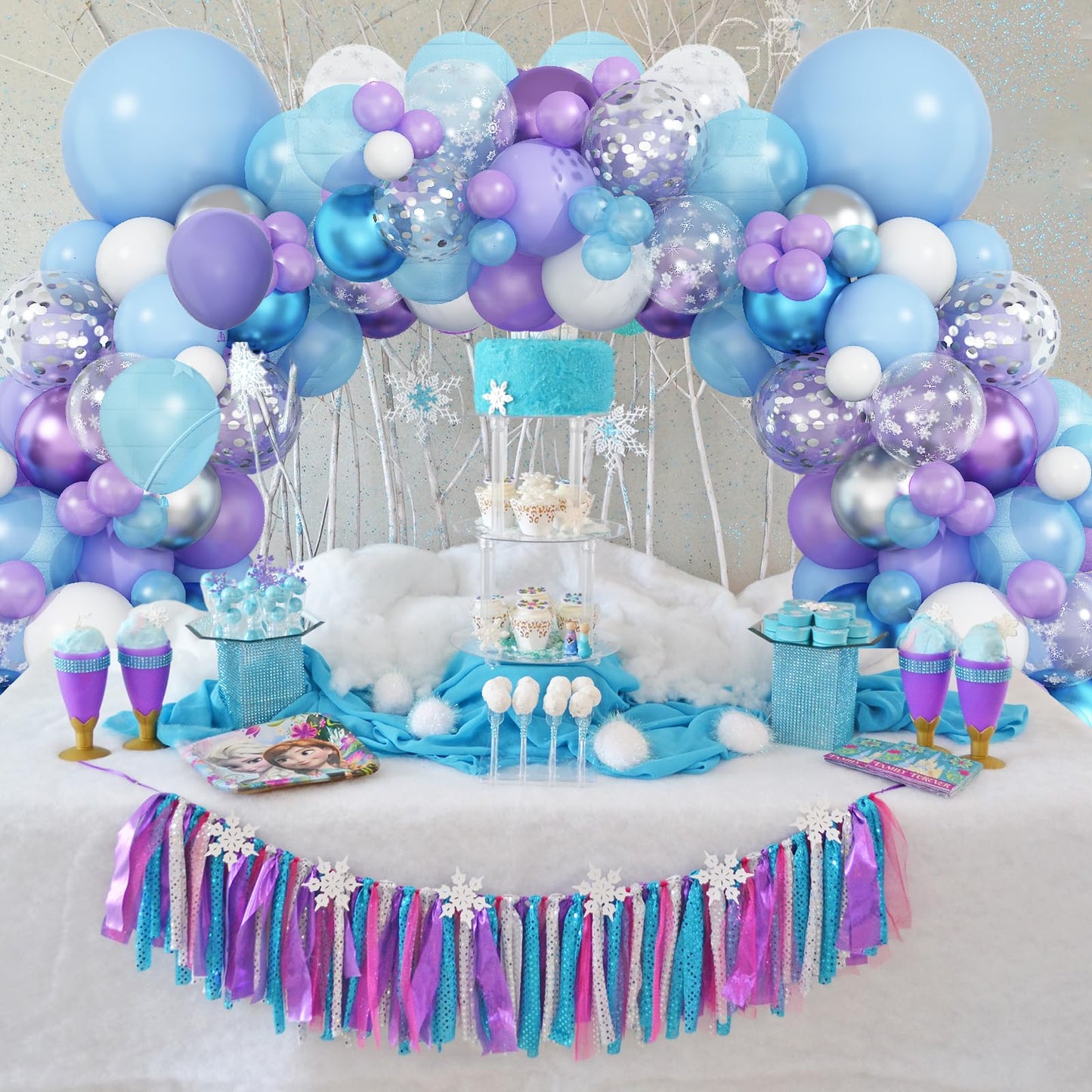 Frozen Balloon Arch Kit,Light Blue Purple White Balloon Garland With Silver Confetti Balloon,Metallic Blue Purple Balloon Decora