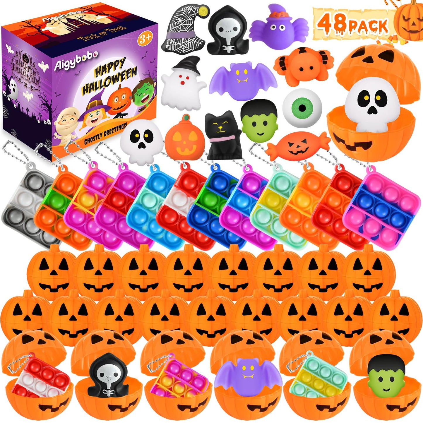 48 Halloween Toys Pack with Pumpkin Box, Halloween Party Favors Gifts for Kids, Halloween Goodie Bag Stuffers with Bubble Push i