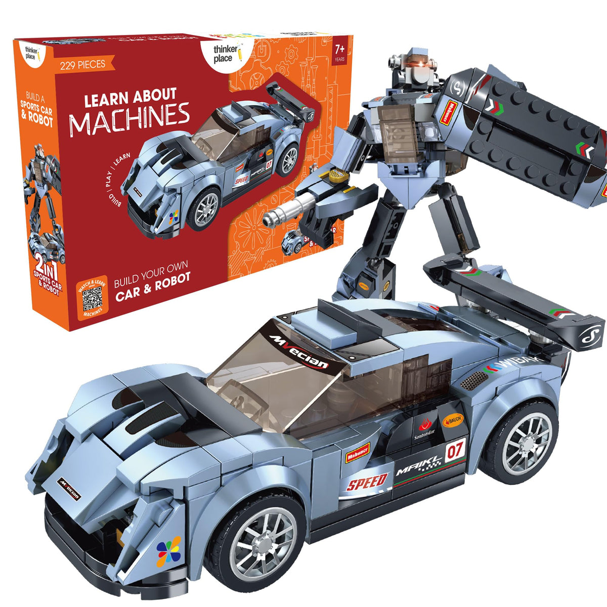 Thinker Toys Cobalt Racer 2In1 Robot & Sports Car (229 Pieces) | Learn About Machines | Building Block Set For Kids Age 6+ | S