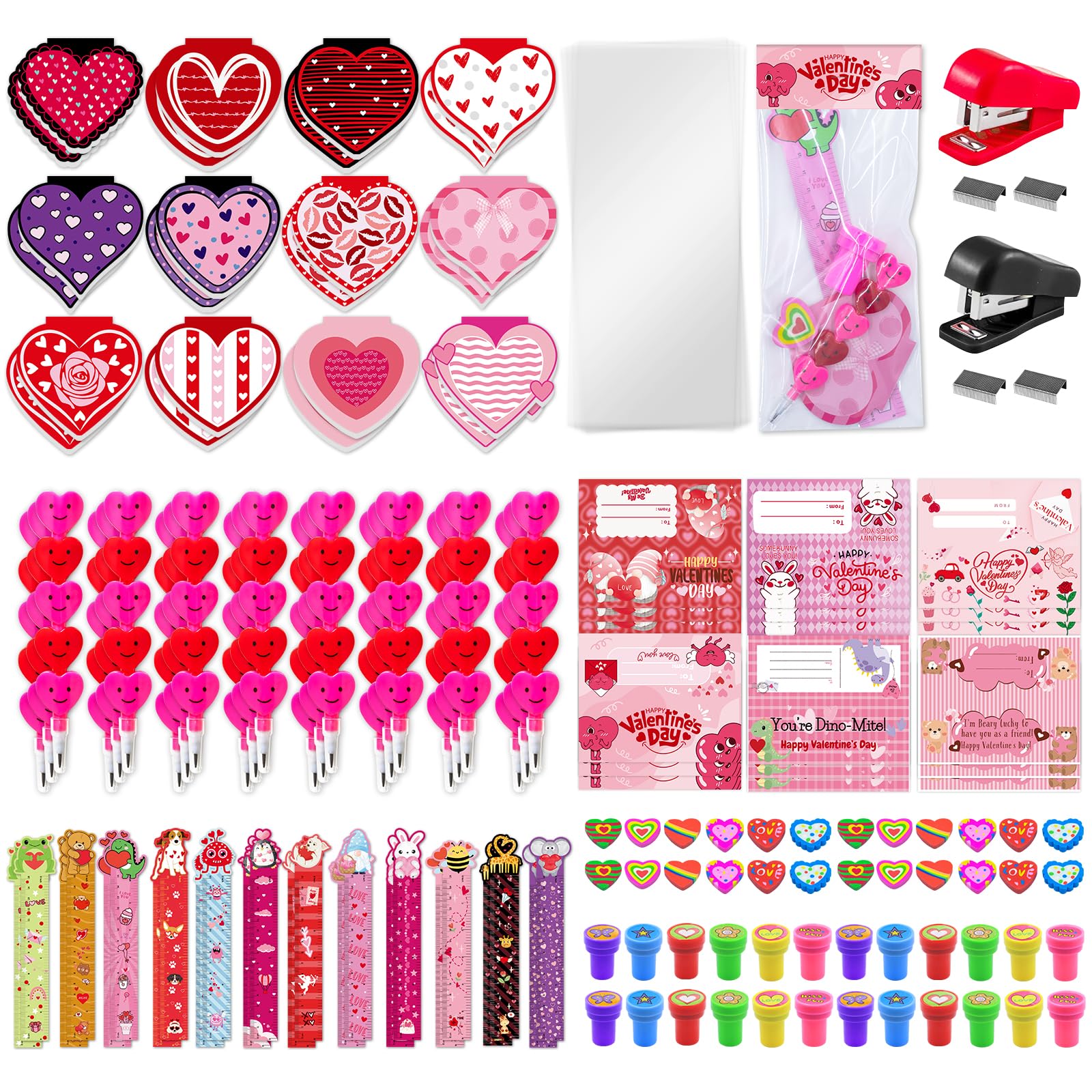 170 Pcs Valentines Day Gifts Classroom Supplies - Valentine Stationery Set with Heart Pencils, Notebooks, Rulers, Bookmarks, Tre