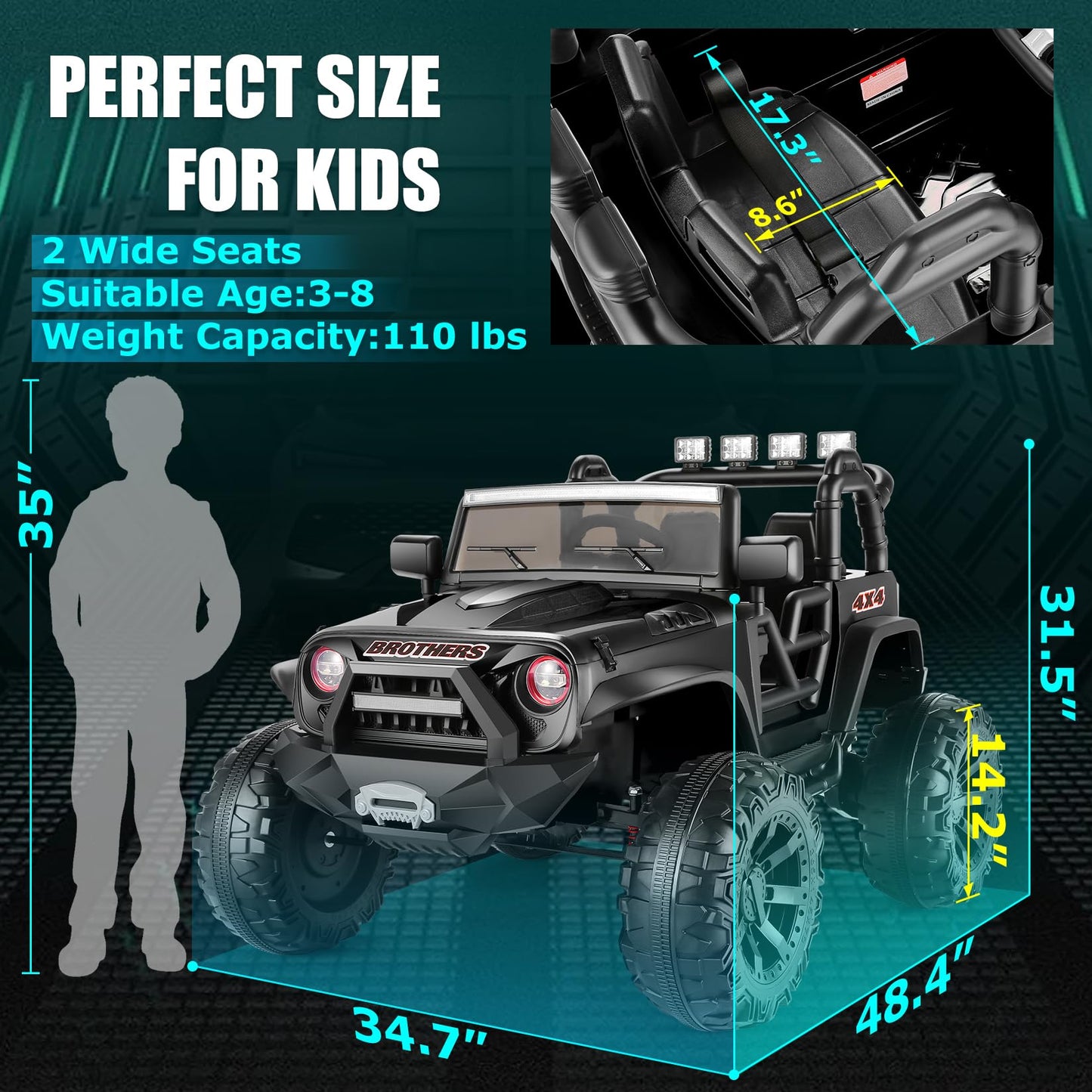 Hikole 24V Ride On Car Trucks With Remote Control, 2 Seater Power Car Wheels Vehiclel W/3 Speeds, Music, Spring Suspension, Kids Electric Car Ride On Toys For Boys Girls 3-8(Black)