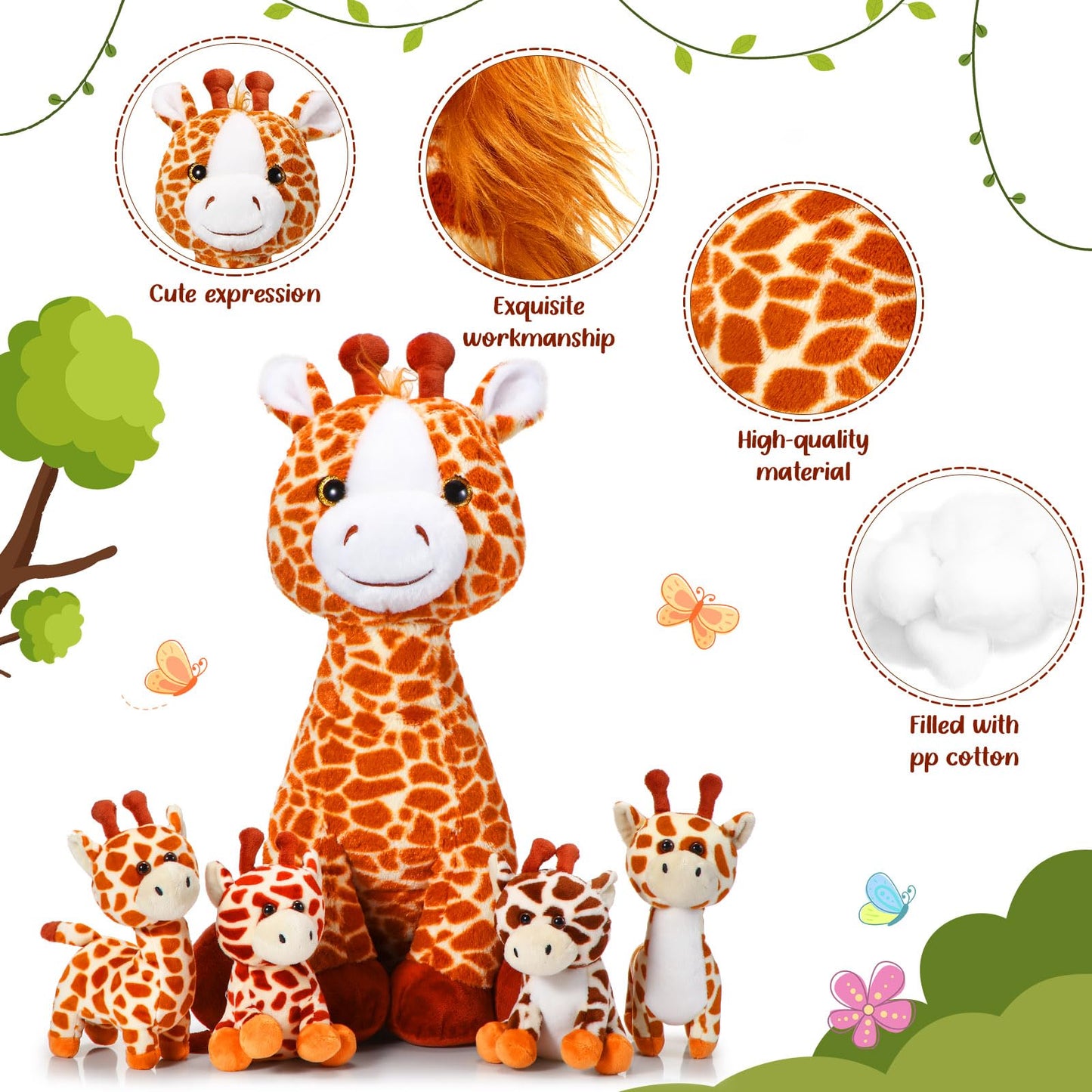 Honoson 5 Pcs Giraffe Stuffed Animals Set 18'' Large Mommy Giraffe Plush With 4 Cute Baby Zippered Tummy Soft Gift For Boy Girl