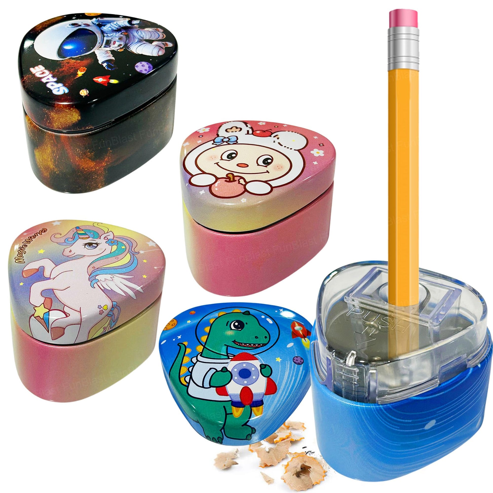 Funblast Cute Metal Pencil Sharpener For Kids - Set Of 4 Pcs Sharpener For Kid With Storage Box, Stationery Items Aesthetic, Sty