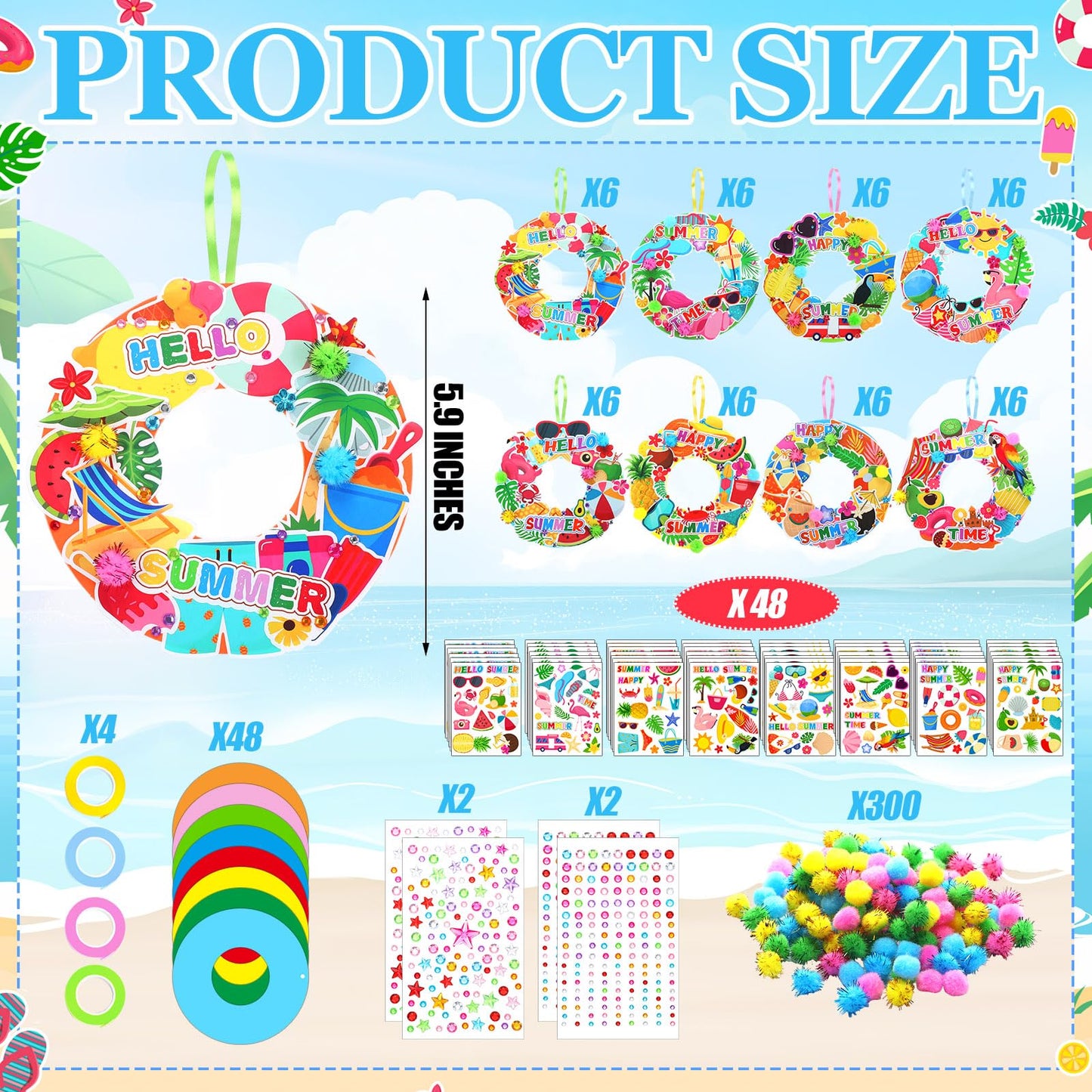 Hollowfly 48 Sets Summer Wreath Craft Kits Hello Summer DIY Hanging Ornaments Luau Decor Make Your Own Hawaiian Paper Craft with