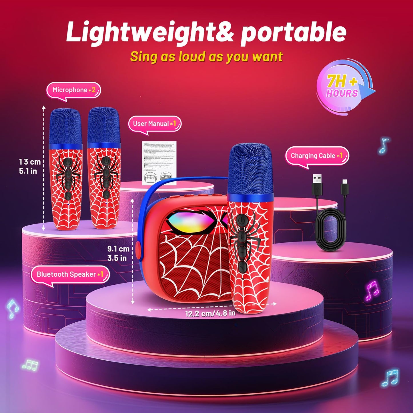 Innofans Mini Karaoke Machine for Kids, Portable Bluetooth Speaker with 2 Microphones, Red, Ages 3-12, M8-1, LED Light Show