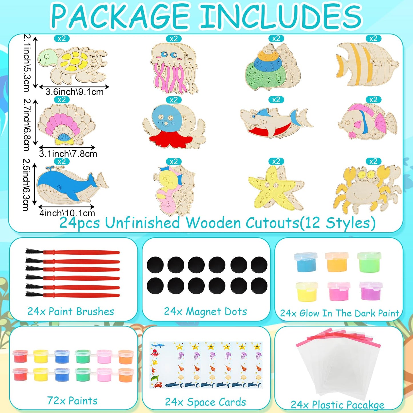 LARDUX Under The Sea Party Favors, 24PCS DIY Sea Ocean Animals Party Favors Wooden Arts & Crafts Painting Kit for Kids, Glow in