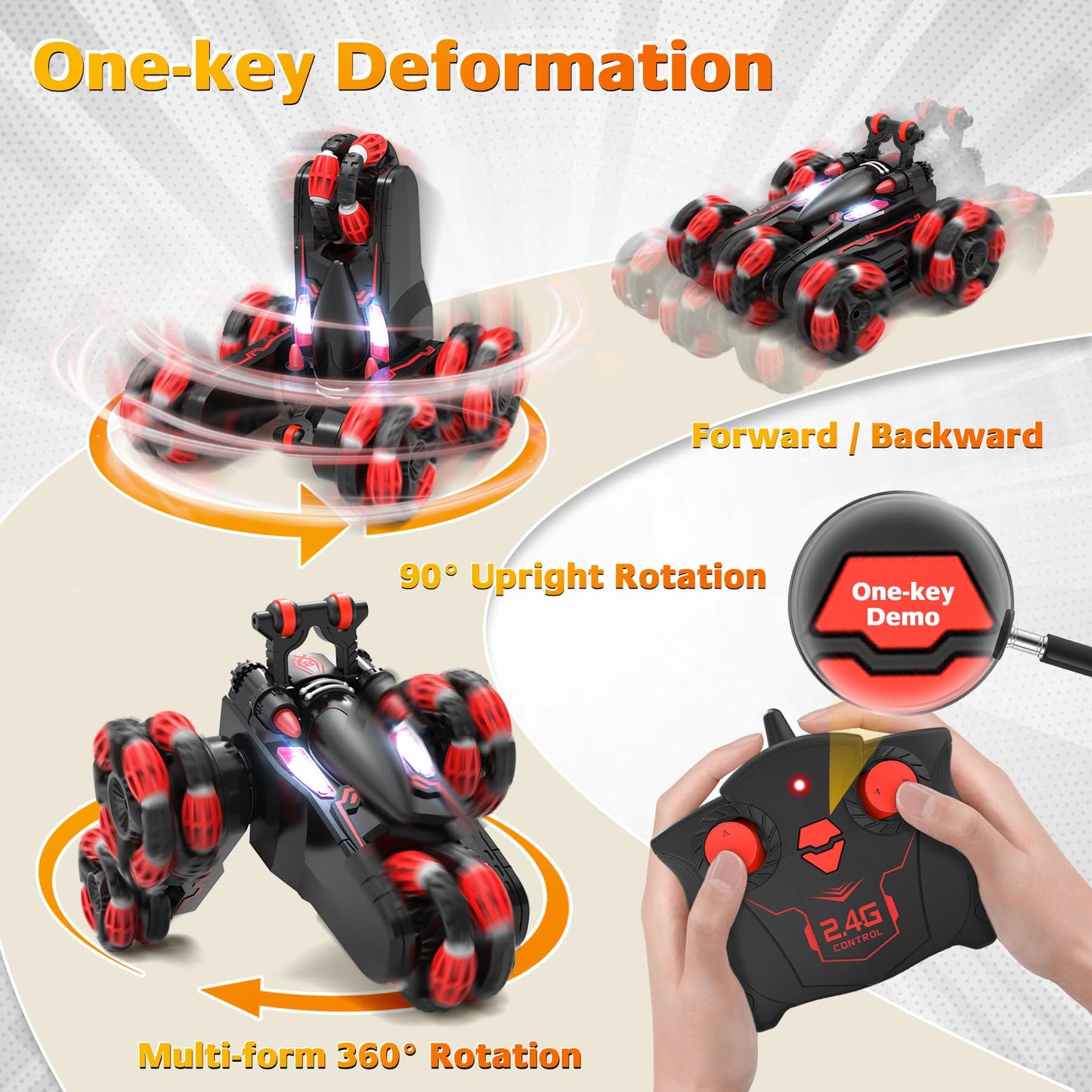 Eulogia Rc Stunt Car With Deformable Wheel Arm, 2 Rechargeable Batteries, Lights, 360 Rotation, One-Key Demo, 2.4Ghz All-Terrain