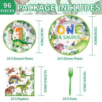 Grencian 96Pcs Dinosaur 1st Birthday Decorations for Boy, One a Saurus Party Supplies, Watercolor First Disposable Plates for 1