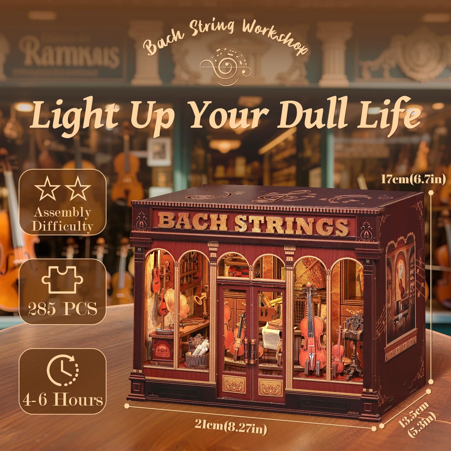 Fsolis Book Nook Kit - DIY Scene Miniature Dollhouse Kit for mature-themeds  Shelf 3D Puzzles 285 pcs  Tiny House Mini Music Shop Model Booknook Craft Bookshelf Decor Gifts for Women (Bach Strings)