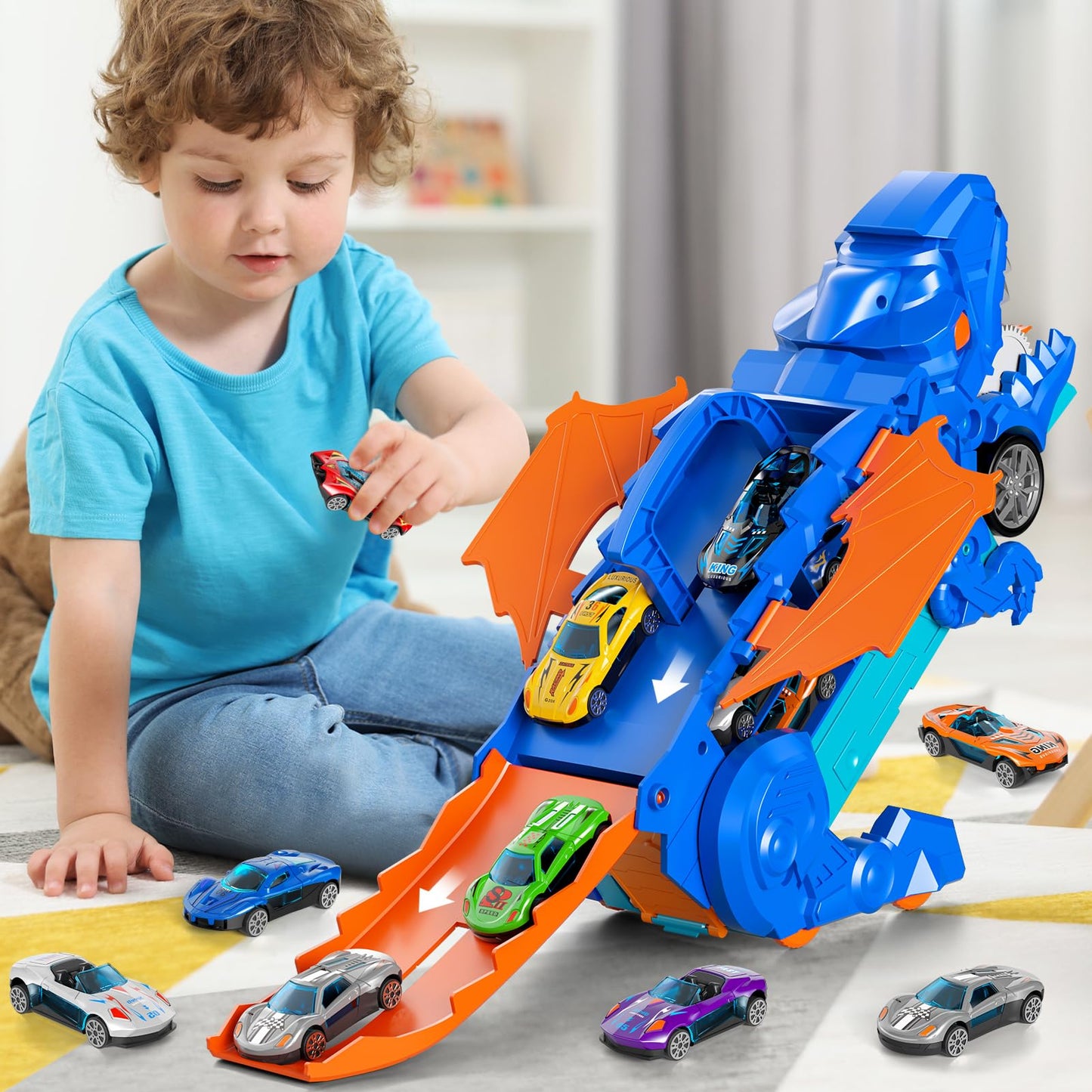 Dinosaur Truck Ultimate Hauler Track Toy for Boys, Transform into Stomping Dinosaur with Race Track Toddler Toys Gifts for Kids