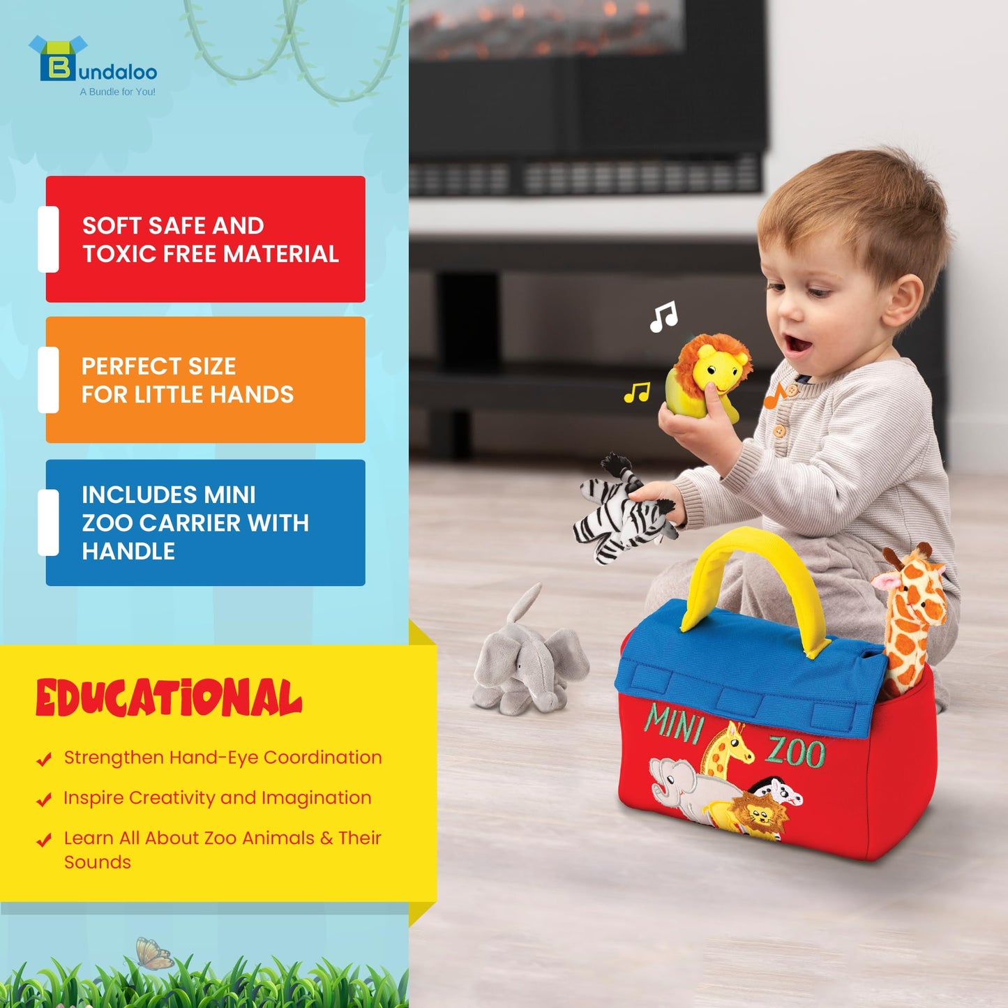 Bundaloo Plush Mini Zoo Playset - Giraffe, Elephant, Lion, Zebra - Interactive Animals, Carrier with hook and loop Closure, Natu