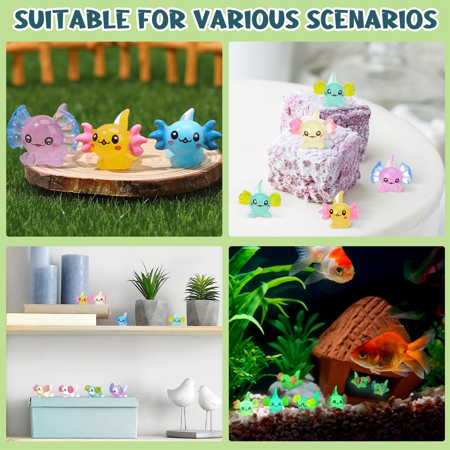 GGSTDDUP 30 Pcs Mini Resin Axolotl  Miniature Axolotl Figures to Hide  Unique Axolotl Ears in The Floral and White-Tailed Axolotl for Dollhouse Fairy Garden Landscape Aquarium (Some Styles Glowing)