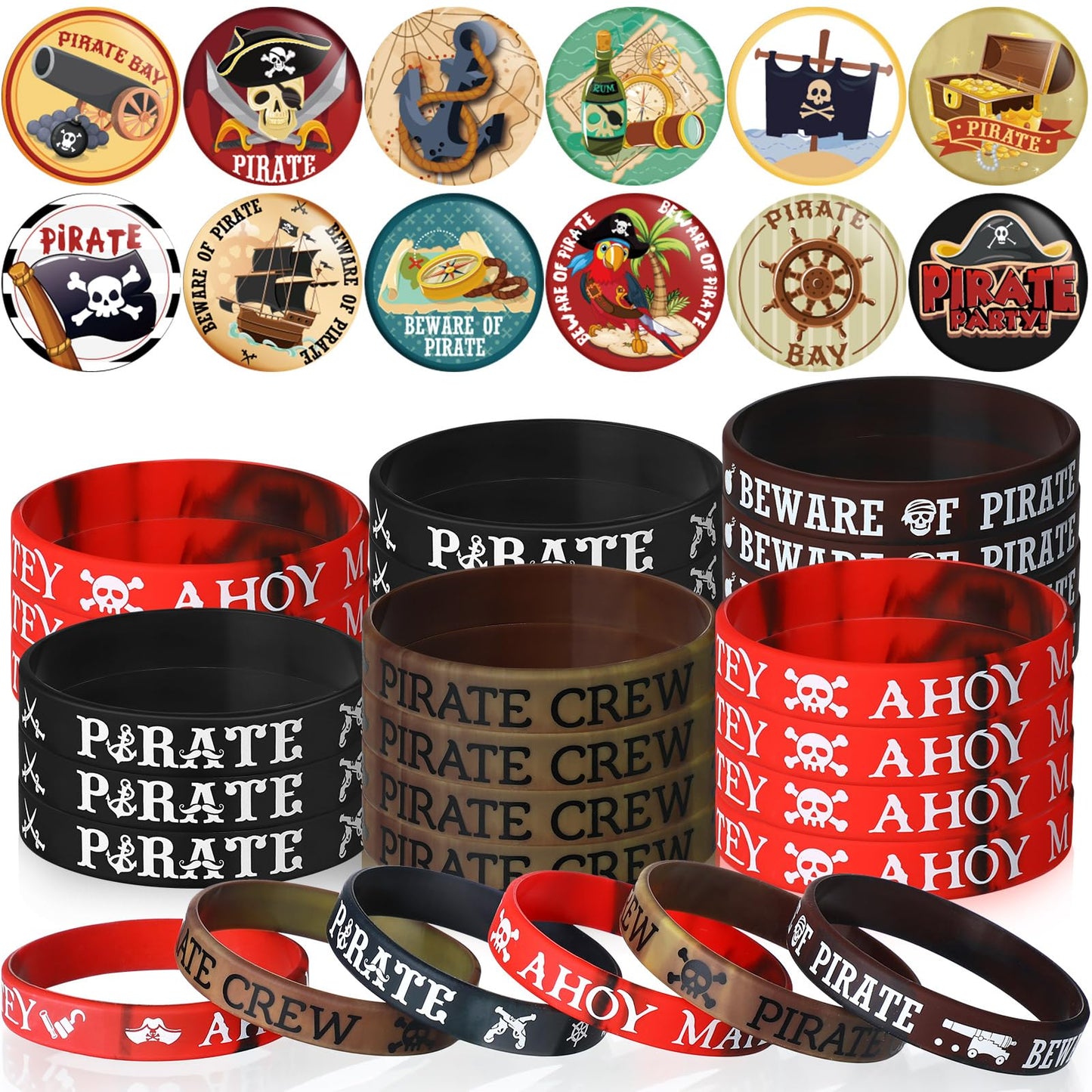 Capoda 60 Pcs Pirate Party Decorations Include 30 Pirate Rubber Bracelets and 30 Pirate Button Pins Badges for Birthday Adventur