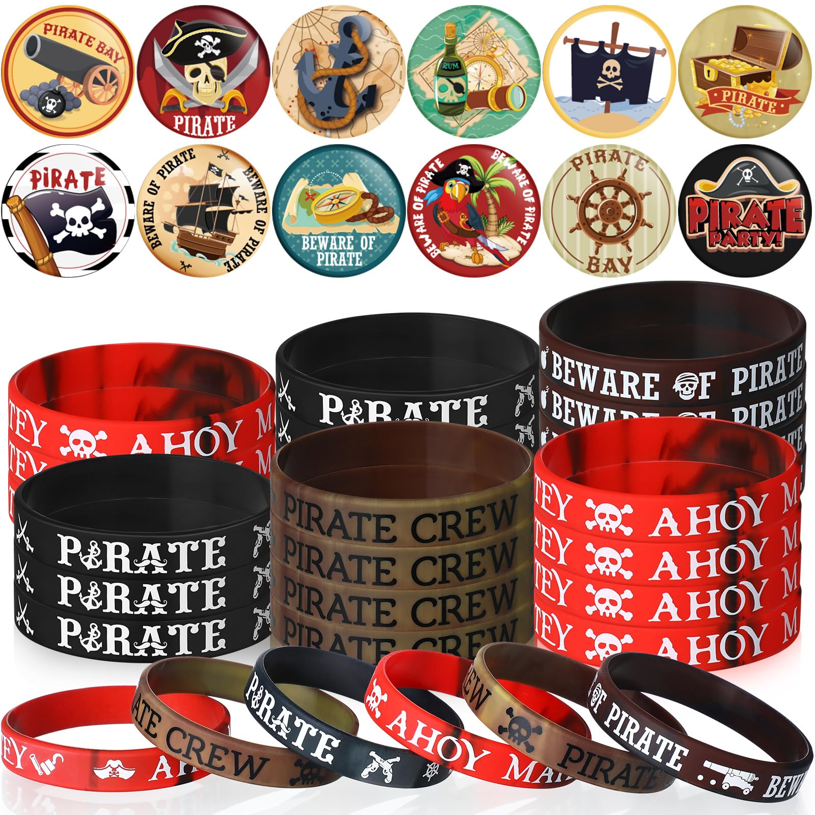Capoda 60 Pcs Pirate Party Decorations Include 30 Pirate Rubber Bracelets and 30 Pirate Button Pins Badges for Birthday Adventur