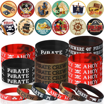 Capoda 60 Pcs Pirate Party Decorations Include 30 Pirate Rubber Bracelets and 30 Pirate Button Pins Badges for Birthday Adventur