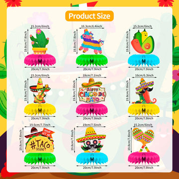 9 Pieces Cinco De Mayo Festival Honeycomb Centerpieces Table Decor, Mexican Fiesta Vibrant Cactus, Piata, Taco And Sombrero Patt