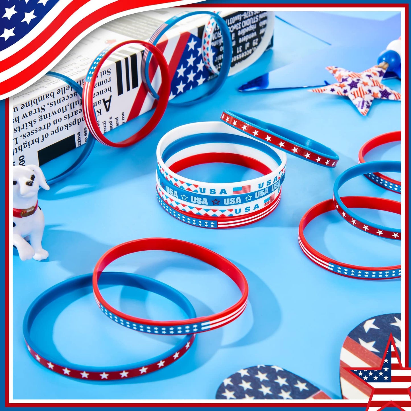 Leitee 100 Pcs USA Silicone Bracelet Red White Blue American Flag Wristbands Veterans Day Memorial Party Accessories Decoration