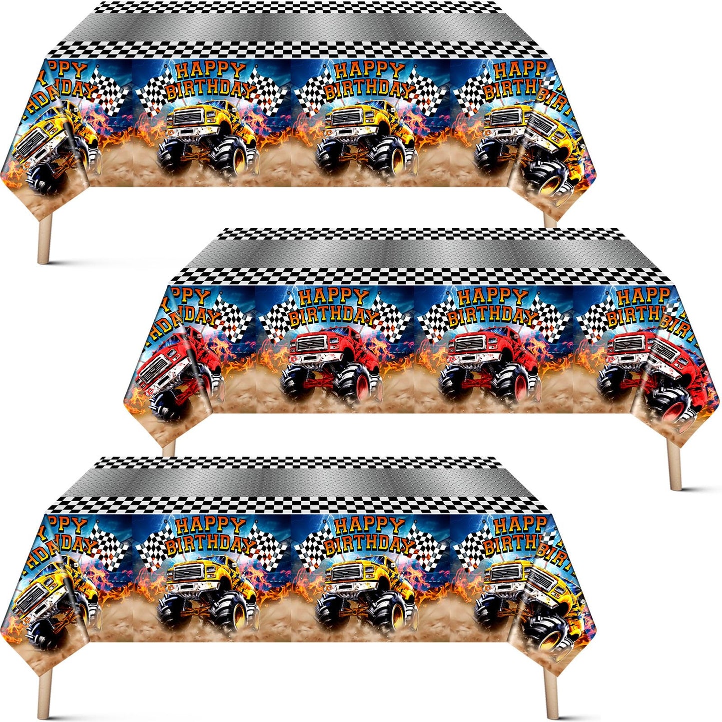 Mifoci 3 Pcs Monster Truck Birthday Party Tablecloths Monster Machine Table Covers Large Plastic Disposable 108 x 54 Inches for 