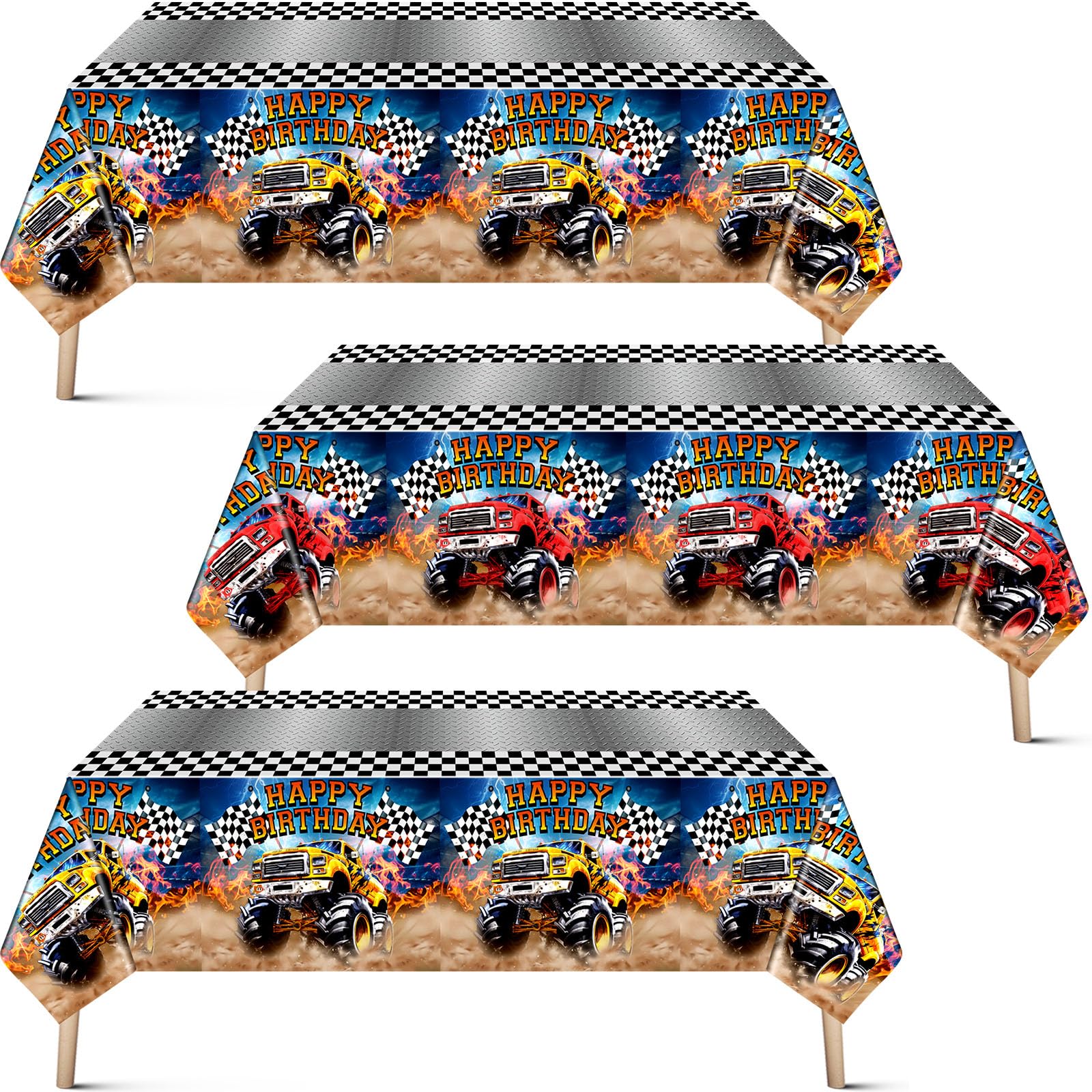 Mifoci 3 Pcs Monster Truck Birthday Party Tablecloths Monster Machine Table Covers Large Plastic Disposable 108 x 54 Inches for 