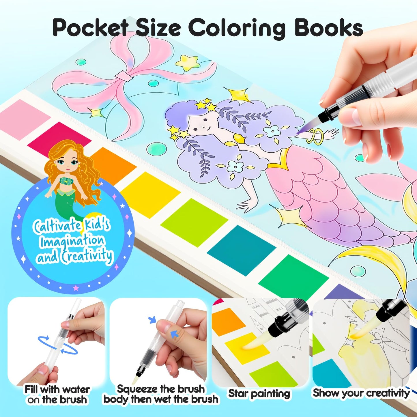 ROOCHKD Watercolor Painting Coloring Books Pocket Watercolor Paint Bookmarks, Mess Free Paint with Water Set, Travel Class Activ