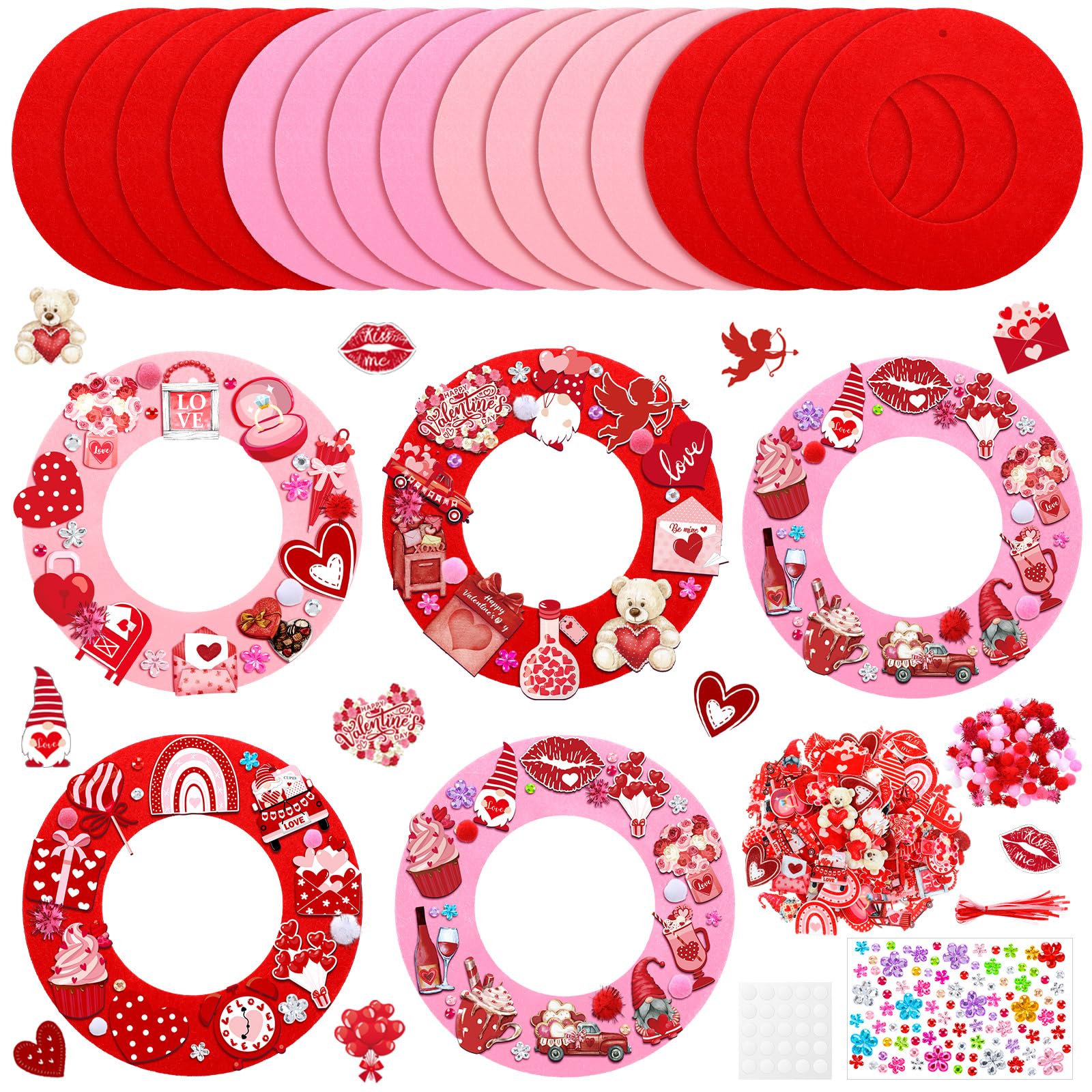 Suilung 472 Pcs DIY Valentines Crafts Kits Valentines Foam Heart Wreath Crafts with Gnome Truck Bear Stickers DIY Pink Red Hangi