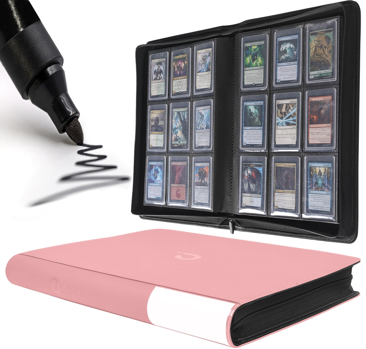 D DACCKIT Toploader Binder  Holds 288 Toploaders - 9 Pocket Top Loader Binder for 3 x 4 Rigid Card Holders for Trading Cards or Sports Cards - Model C Light Pink