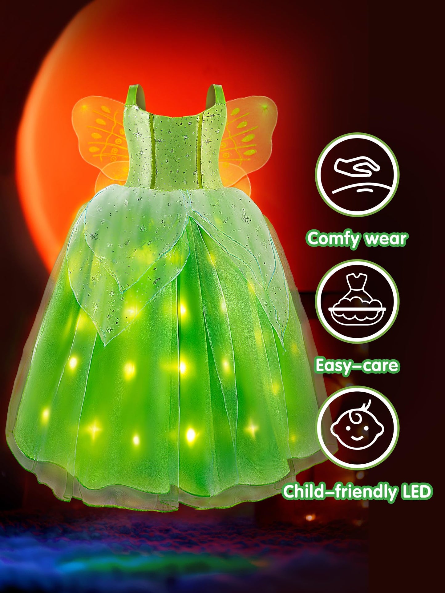 Uporpor Light Up Fairy Dress With Wings Green Princess Costume For Little Girls Kid Halloween Dress Up Clothes Party Dress, 100