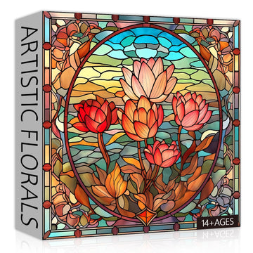 Pickforu Stained Glass Flower Puzzles For Adults 1000 Pieces, Vintage Art Puzzles Floral, Impossible Hard Challenging Puzzles For Adults, Colorful Stained Glass Jigsaw Puzzle
