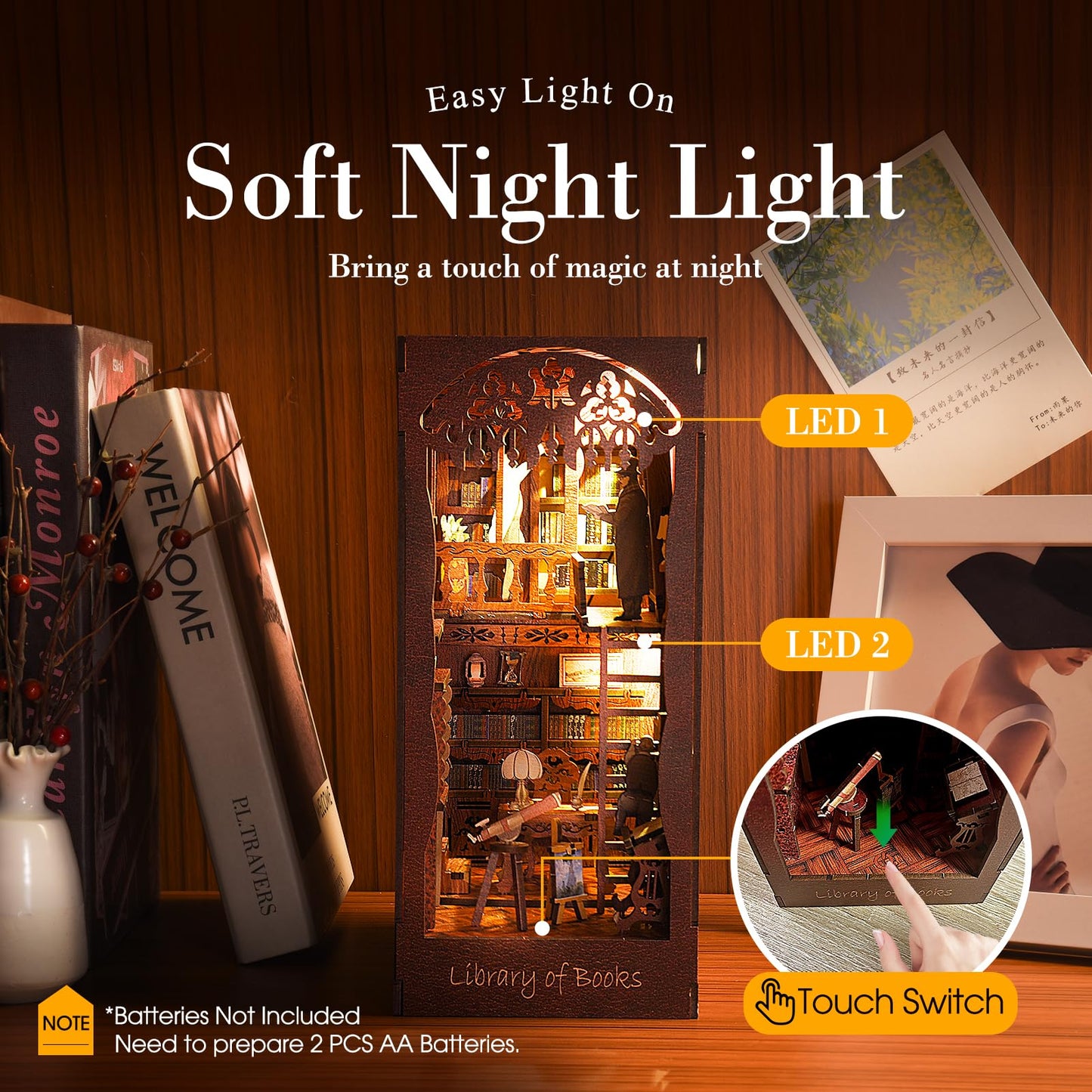 Diy Book Nook Kit With Led Light - 3D Wooden Puzzle Miniature House Dollhouse Kit For Bookshelf Insert Decoration, Perfect Booke