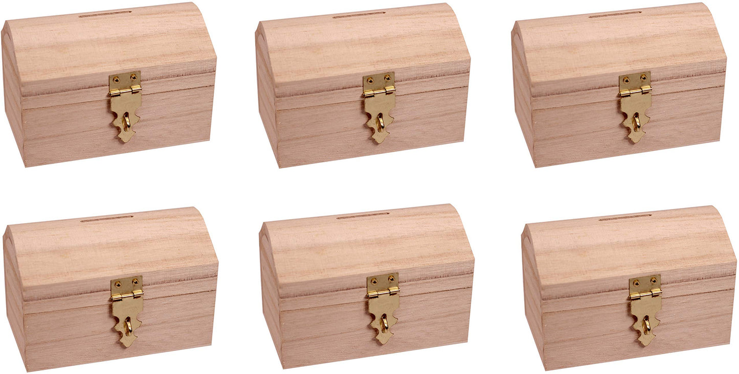 Creative Hobbies Pack Of 6 Ready To Decorate Wood Treasure Chest Box Savings Bank With Coin Slot, Hinged Lid And Lockable Front Clasp, Diy Craft