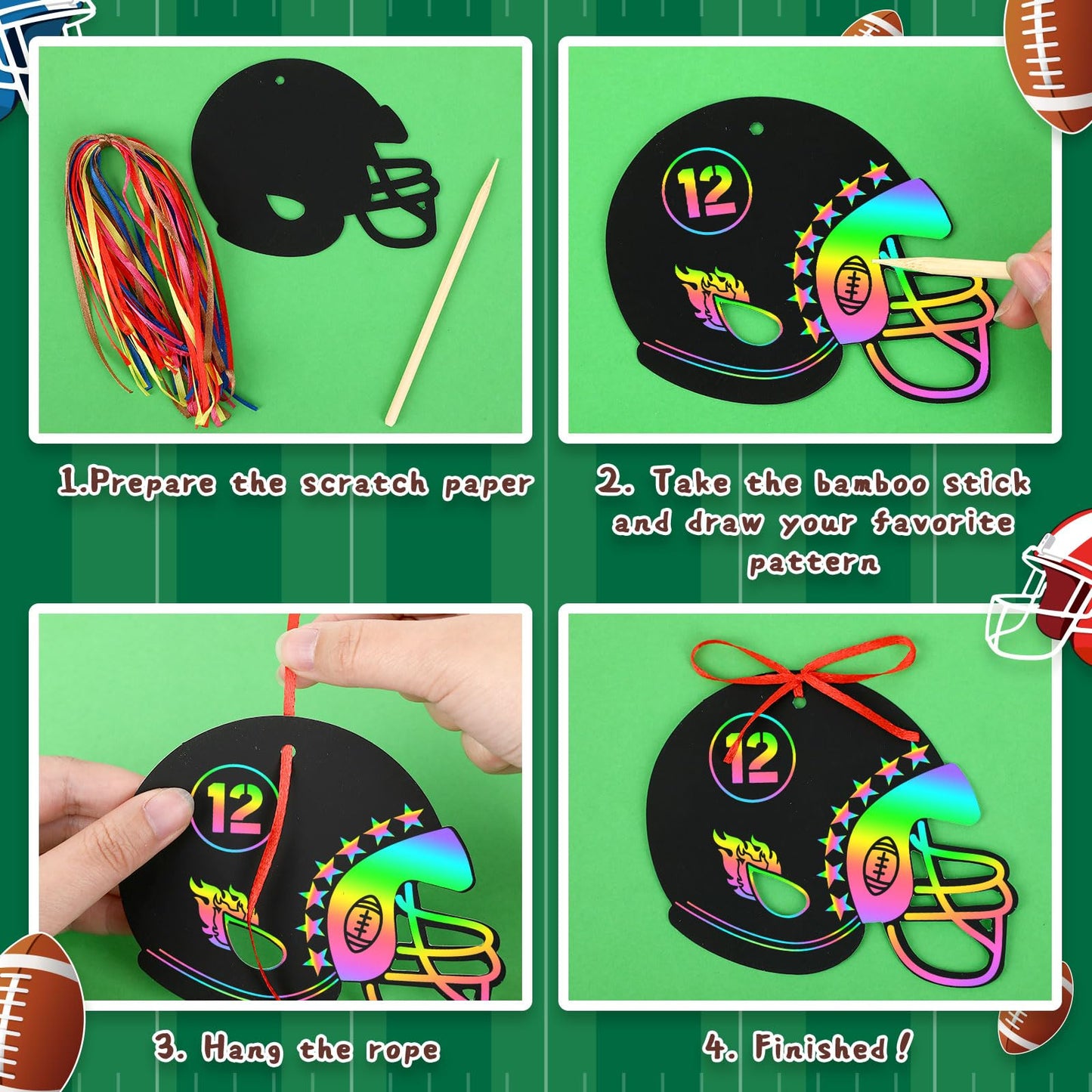 JULMELON 36 PCS Football Crafts for Kids, Rainbow Scratch Paper Art for Kids Football Party Favors Football Helmet Scratch Off C
