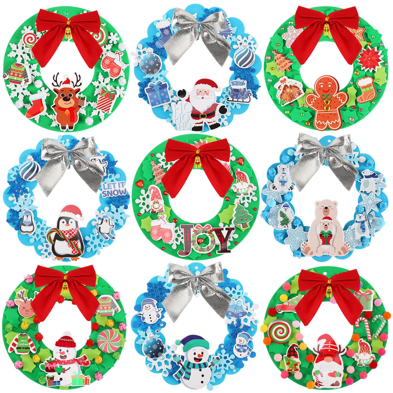 BOARDFEB 12 Sets Christmas Crafts Kits DIY Christmas Foam Wreath Crafts Winter Ornaments for Kids Snowman Santa Penguin Snowflak